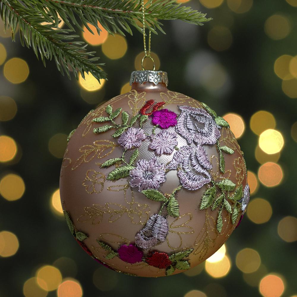 4.5" Pink Floral Applique Glass Ball Christmas Ornament. Picture 2
