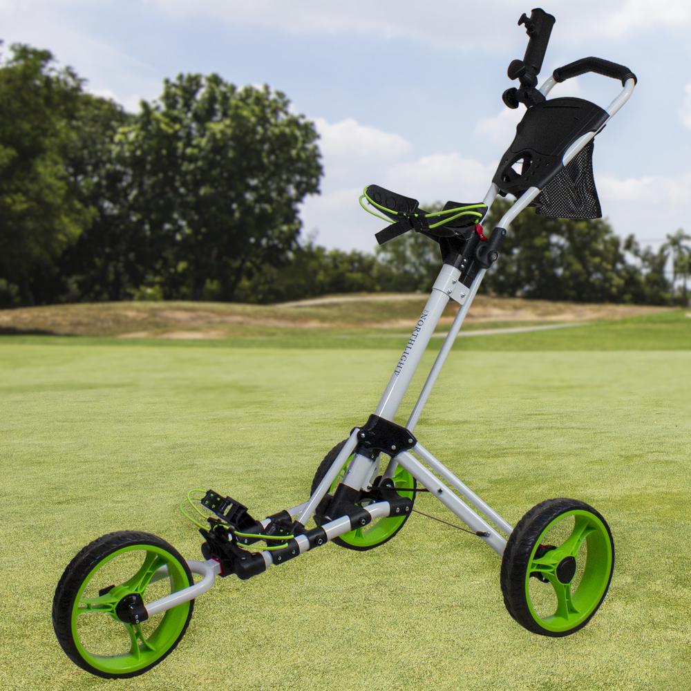 48" White and Green Easy Folding 3 Wheel Golf Bag Push Cart. Picture 2