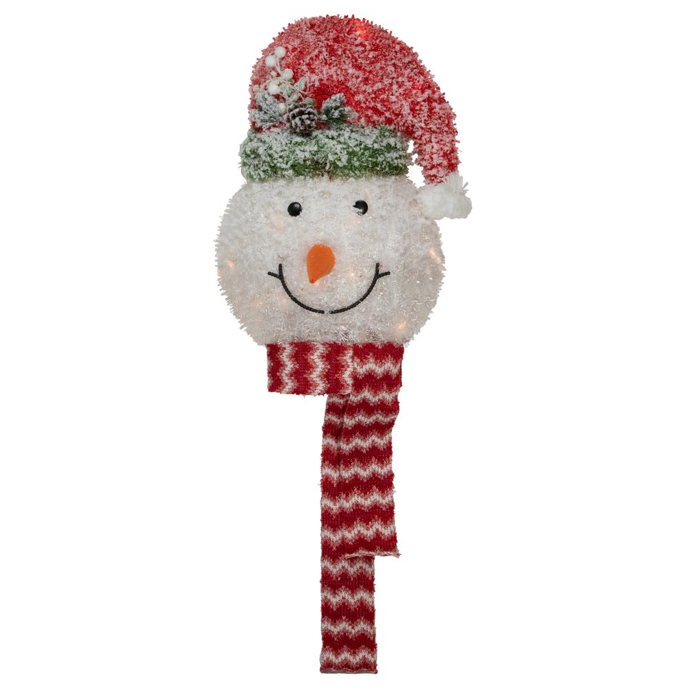 22" Lighted Snowman Wearing a Red Frosted Hat with Pine Christmas Tree Topper. Picture 1