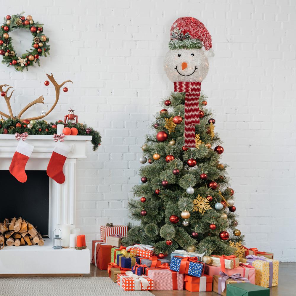22" Lighted Snowman Wearing a Red Frosted Hat with Pine Christmas Tree Topper. Picture 2