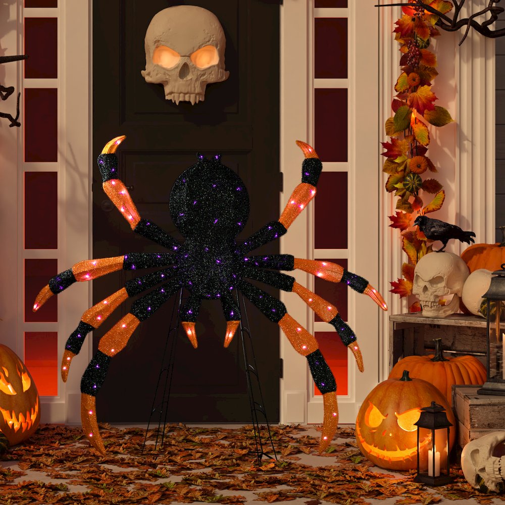 Lighted Spider Halloween Decoration - 4.5' - Black and Orange  Purple LED Lights. Picture 2