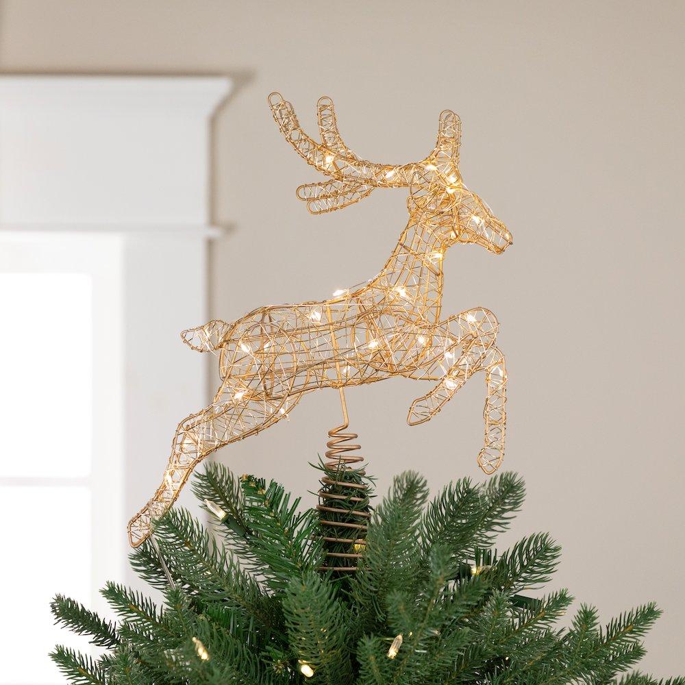 LED Lighted Reindeer Christmas Tree Topper - 13"  - Gold - Warm White Lights. Picture 1