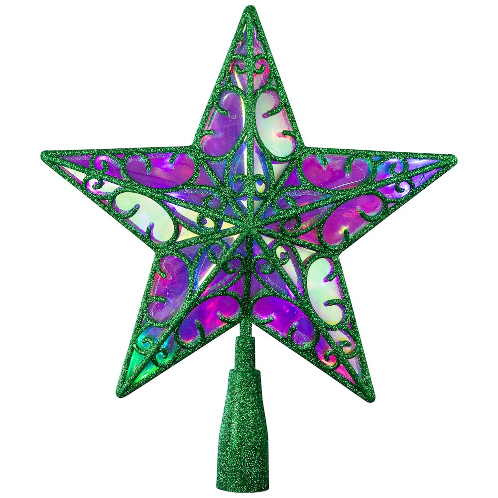 Glittered Star Christmas Tree Topper - 11" - Green - Multicolor Lights. Picture 2