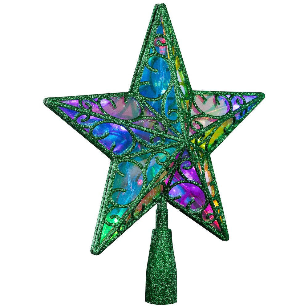 Glittered Star Christmas Tree Topper - 11" - Green - Multicolor Lights. Picture 4