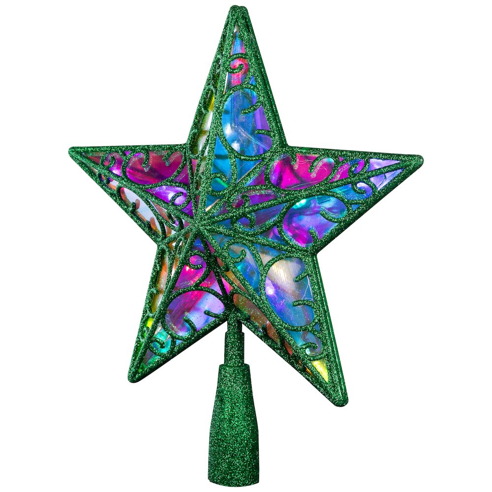 Glittered Star Christmas Tree Topper - 11" - Green - Multicolor Lights. Picture 5