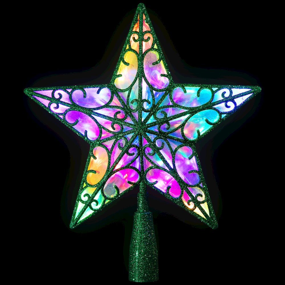 Glittered Star Christmas Tree Topper - 11" - Green - Multicolor Lights. Picture 3