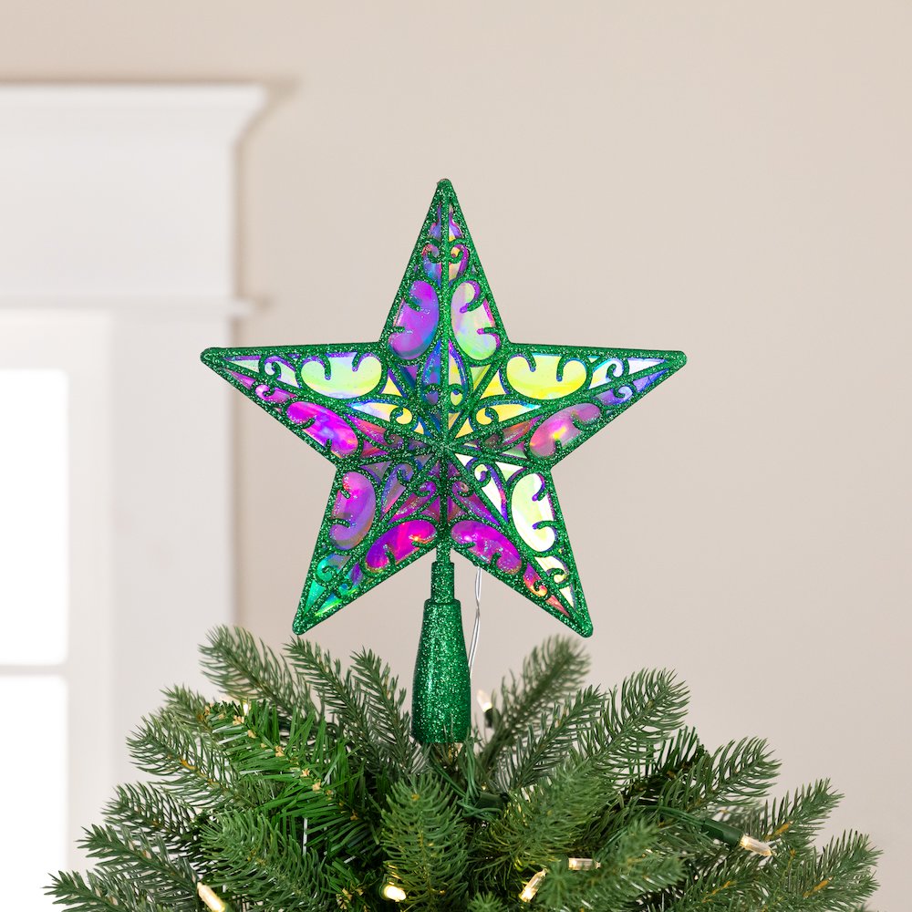 Glittered Star Christmas Tree Topper - 11" - Green - Multicolor Lights. Picture 1