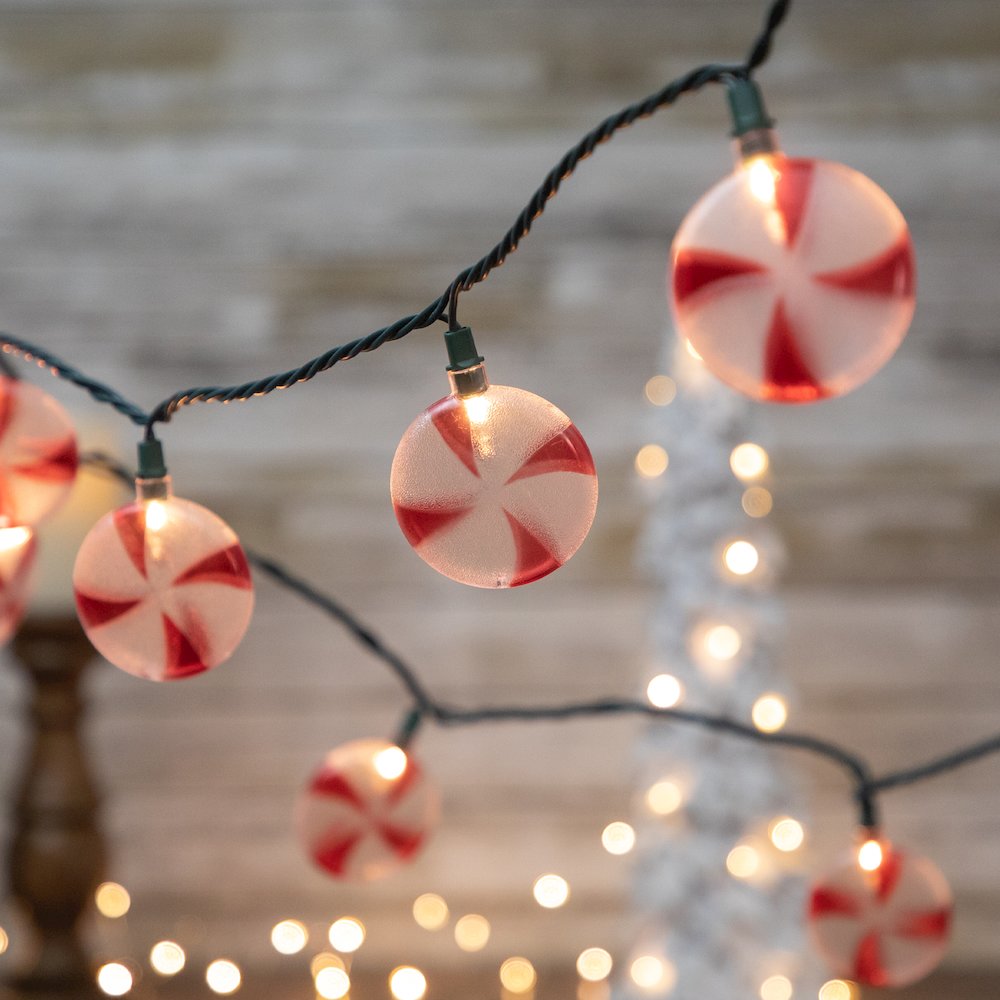 10-Count Peppermint Candies Christmas Lights - 6ft Green Wire. Picture 1