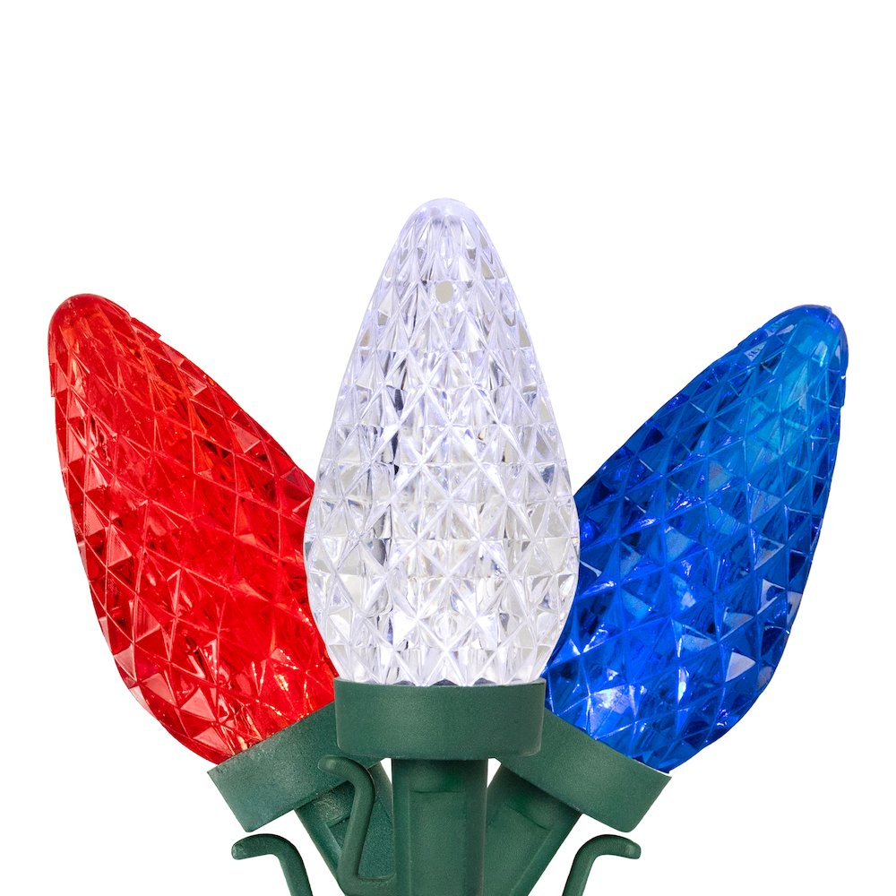LED C9 Faceted Christmas Lights - Red  White and Blue - 66' Green Wire - 100ct. Picture 1