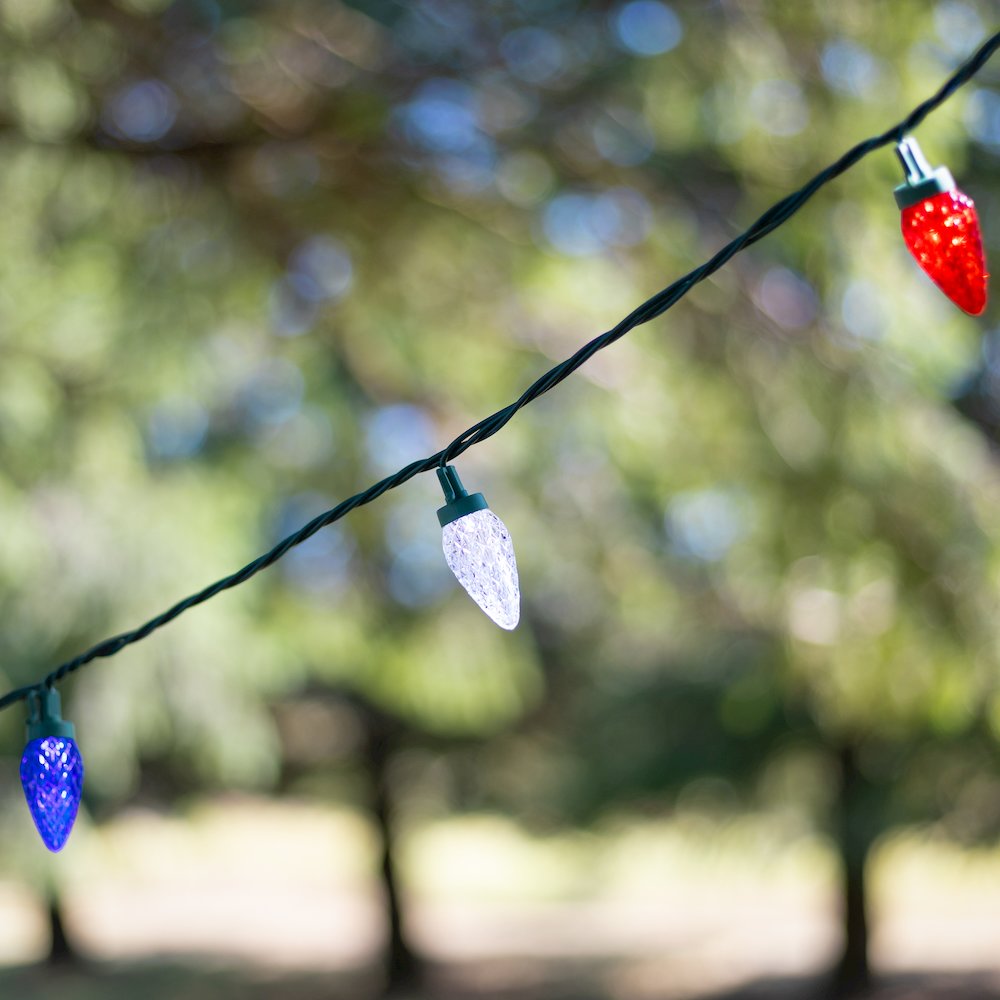LED C9 Faceted Christmas Lights - Red  White and Blue - 66' Green Wire - 100ct. Picture 2