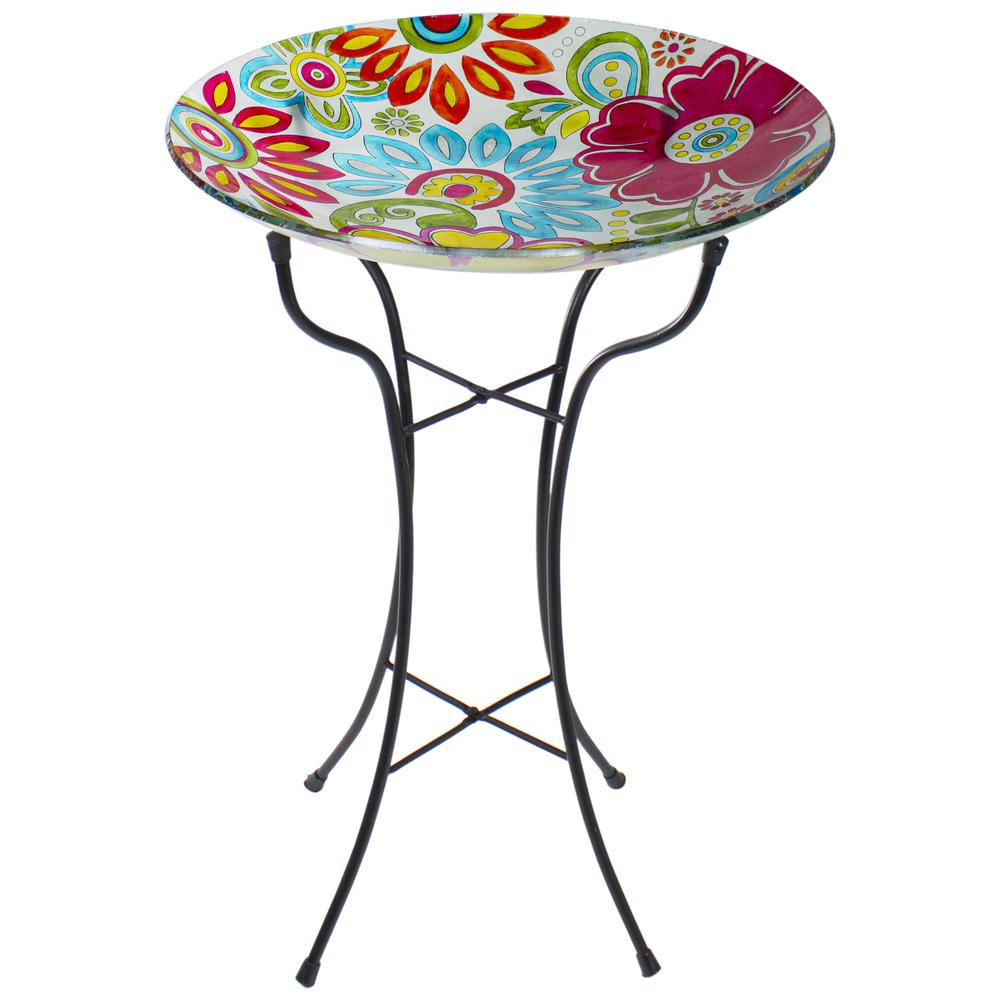 18" Pastel Pink and Blue Flowers Hand Painted Glass Outdoor Patio Bird Bath. Picture 1