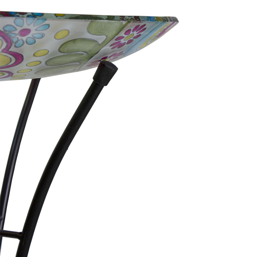 18" Pastel Pink and Blue Flowers Hand Painted Glass Outdoor Patio Bird Bath. Picture 5