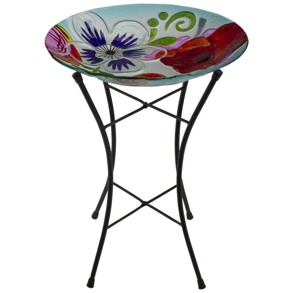 21" White and Blue Hand Painted Floral Glass Outdoor Patio Birdbath. Picture 1