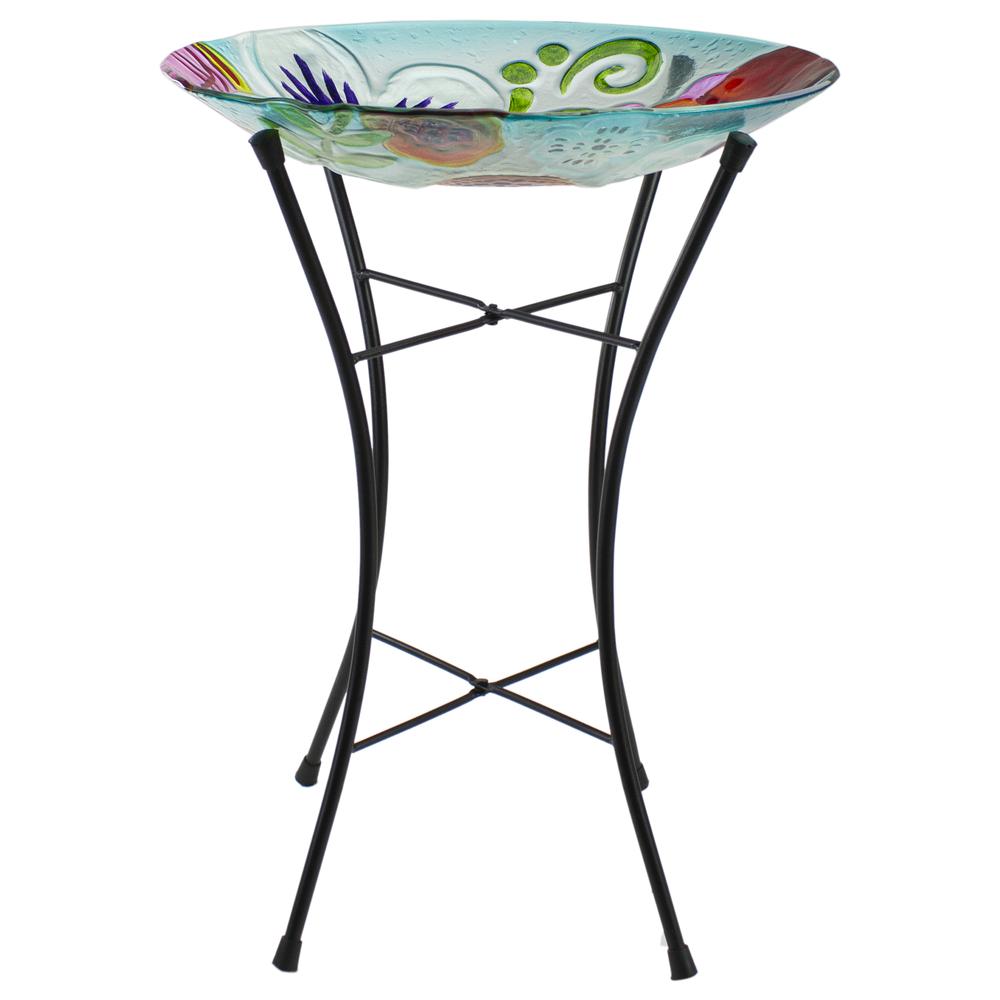21" White and Blue Hand Painted Floral Glass Outdoor Patio Birdbath. Picture 2