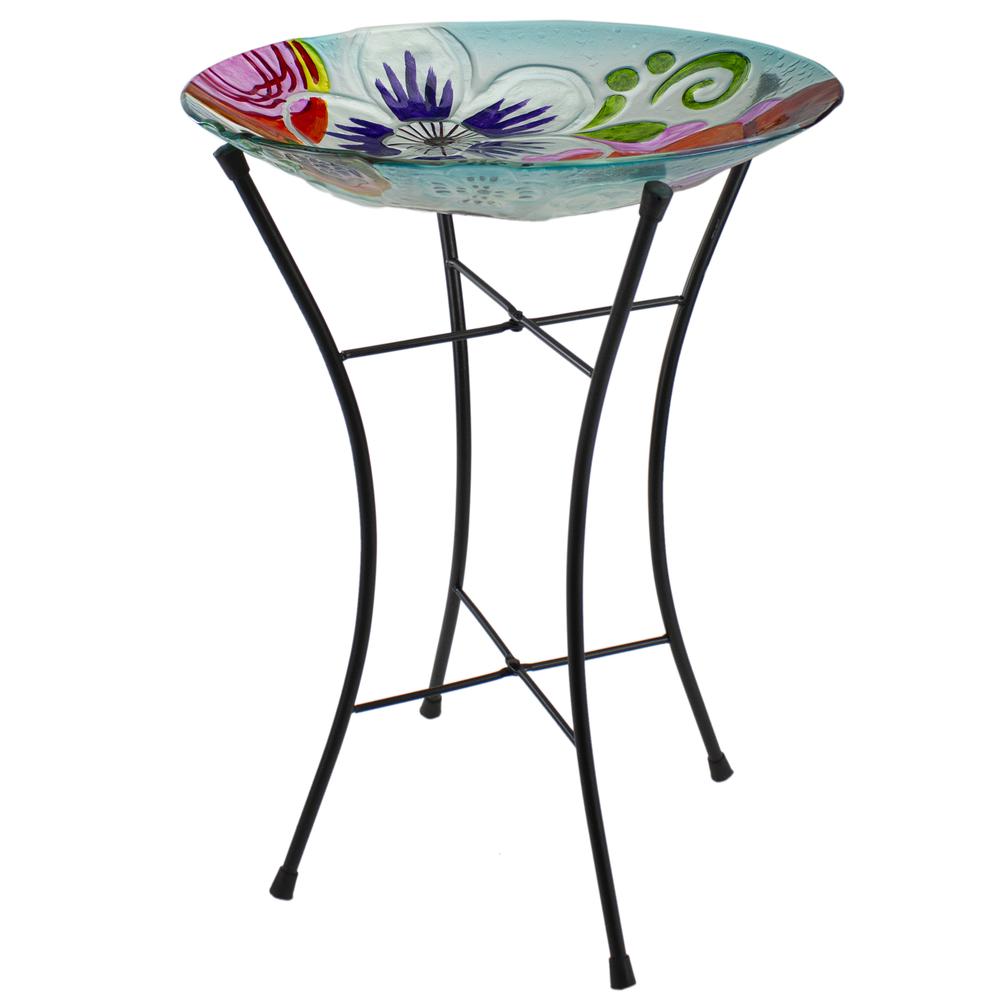 21" White and Blue Hand Painted Floral Glass Outdoor Patio Birdbath. Picture 3