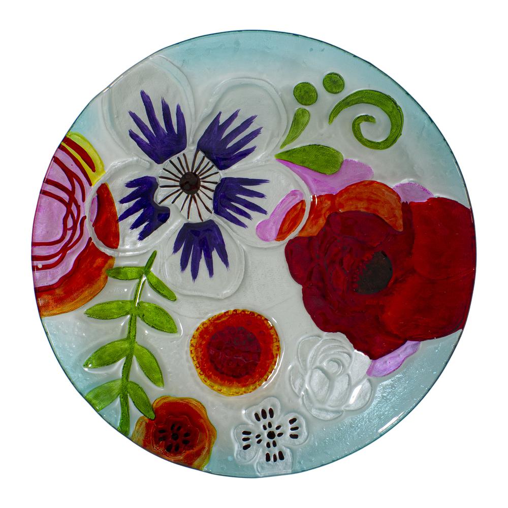 21" White and Blue Hand Painted Floral Glass Outdoor Patio Birdbath. Picture 4