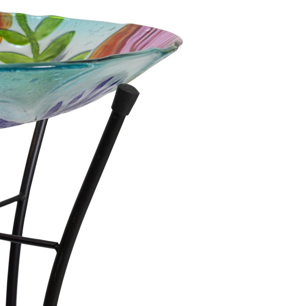 21" White and Blue Hand Painted Floral Glass Outdoor Patio Birdbath. Picture 5