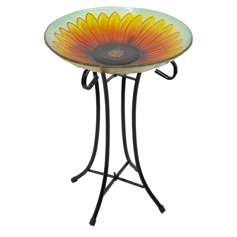 20.5" Orange and Yellow Sunflower Glass Bird Bath with Stand. Picture 4