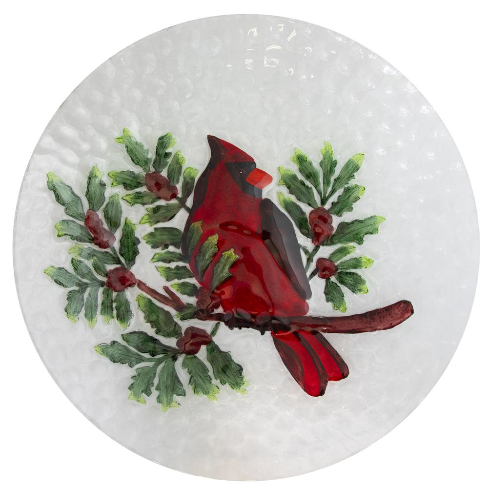 21" Red Cardinal and Pine Cone Glass Bird Bath with Stand. Picture 3