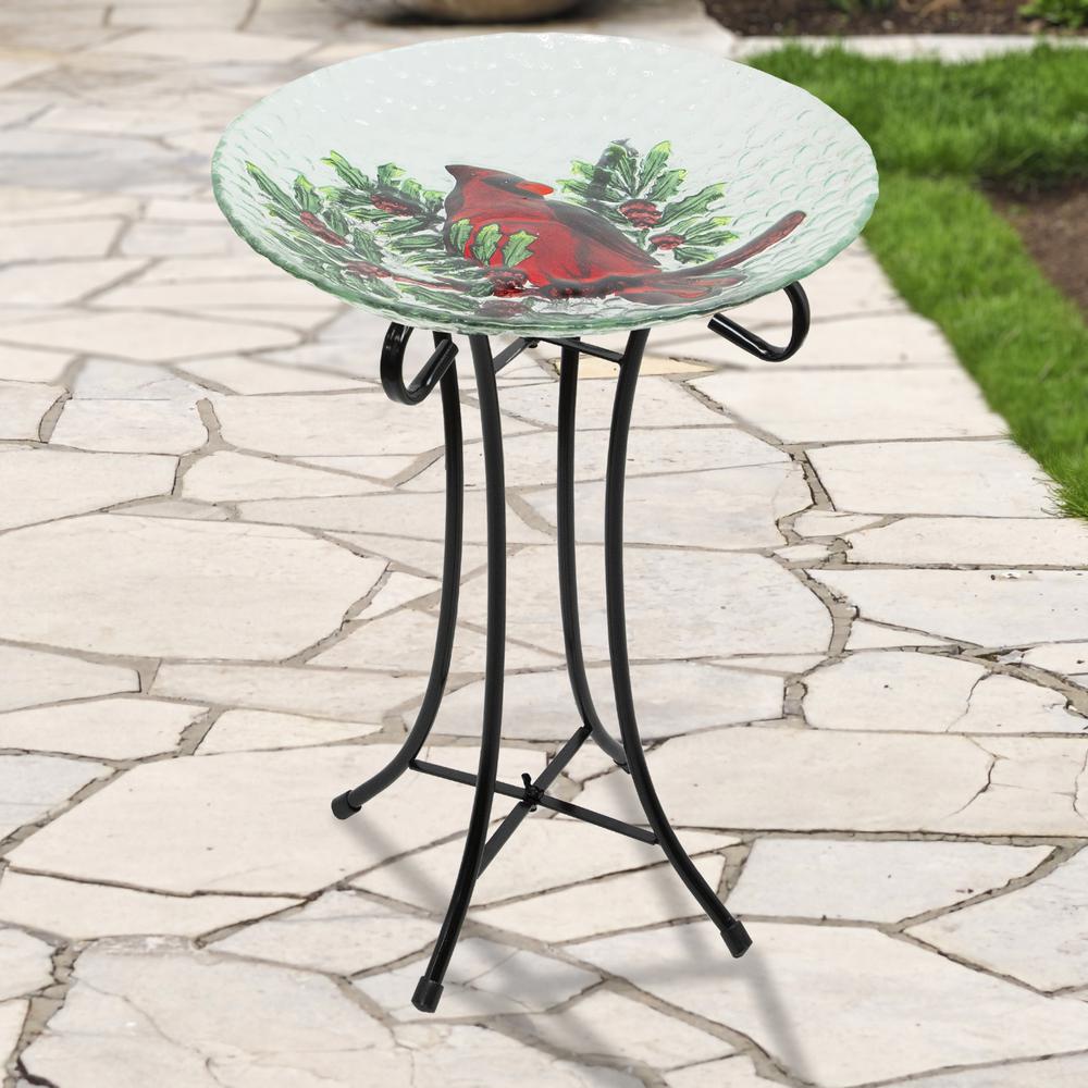 21" Red Cardinal and Pine Cone Glass Bird Bath with Stand. Picture 2