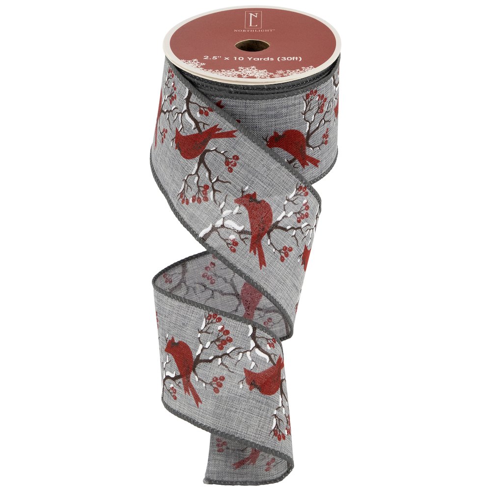 Gray and Red Cardinal Wired Craft Christmas Ribbon 2.5" x 10 Yards. Picture 3