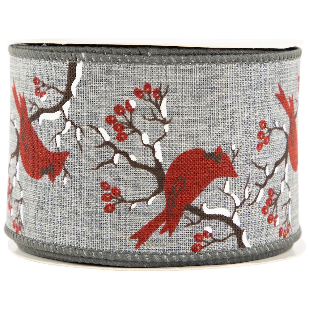 Gray and Red Cardinal Wired Craft Christmas Ribbon 2.5" x 10 Yards. Picture 4