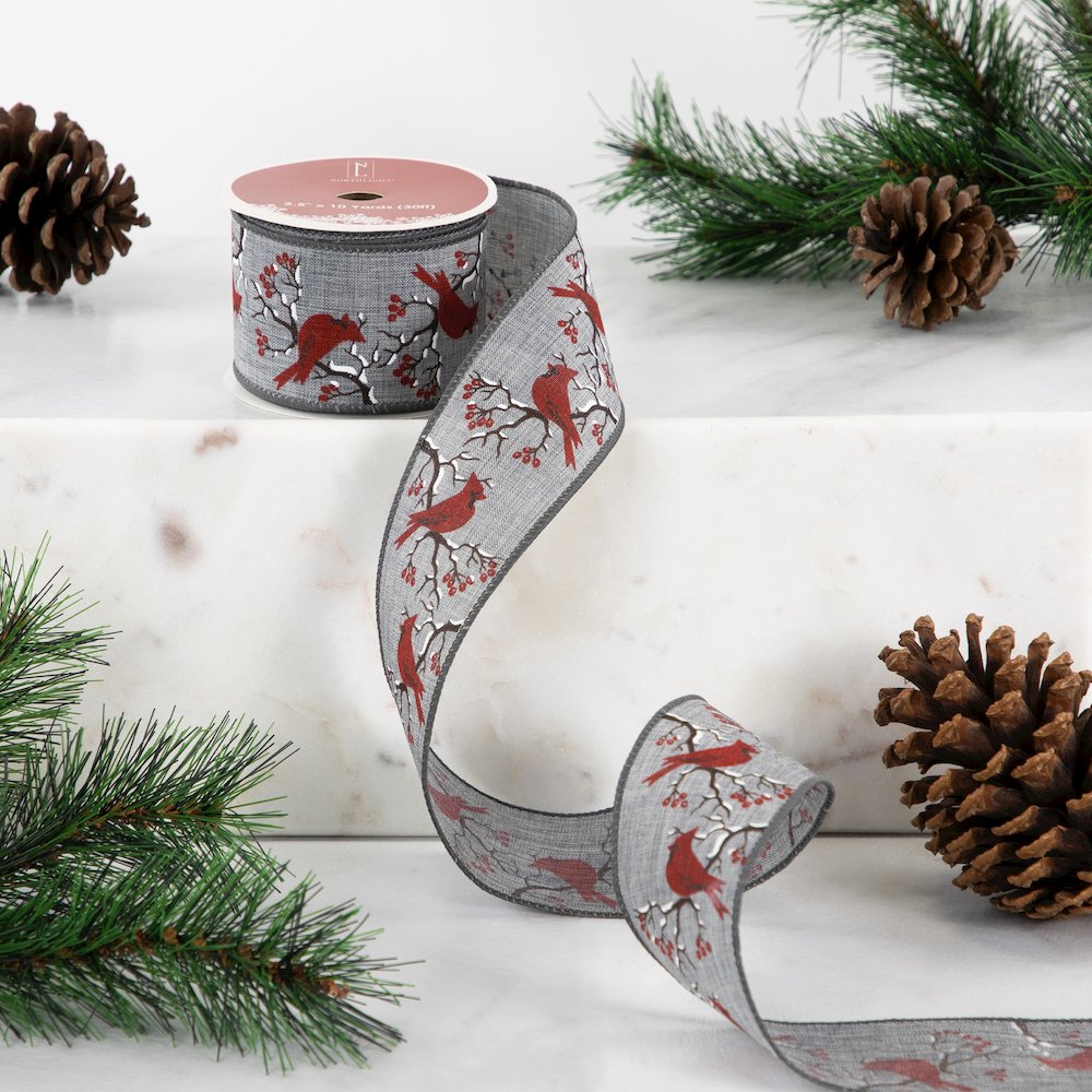 Gray and Red Cardinal Wired Craft Christmas Ribbon 2.5" x 10 Yards. Picture 2