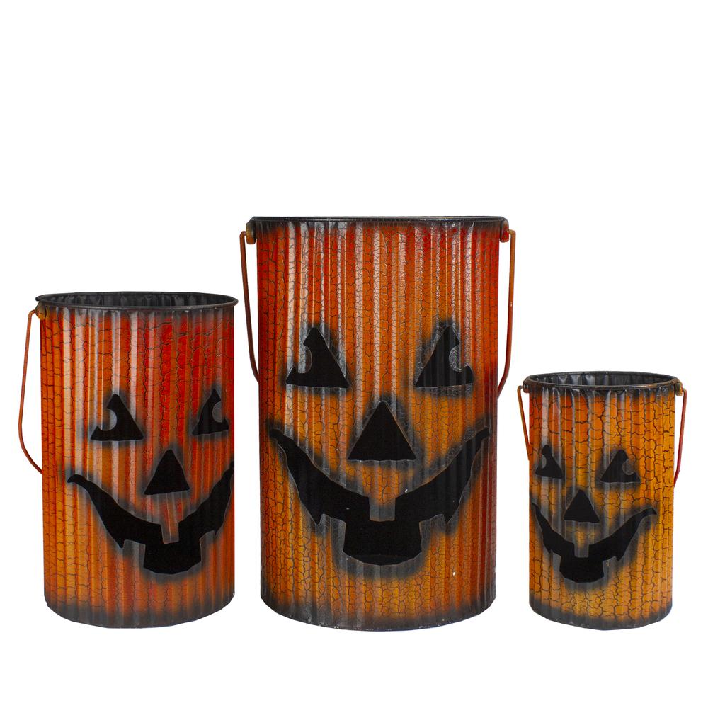3 Piece Black and Orange Metal Pumpkin Lantern Set Halloween Decoration. Picture 1