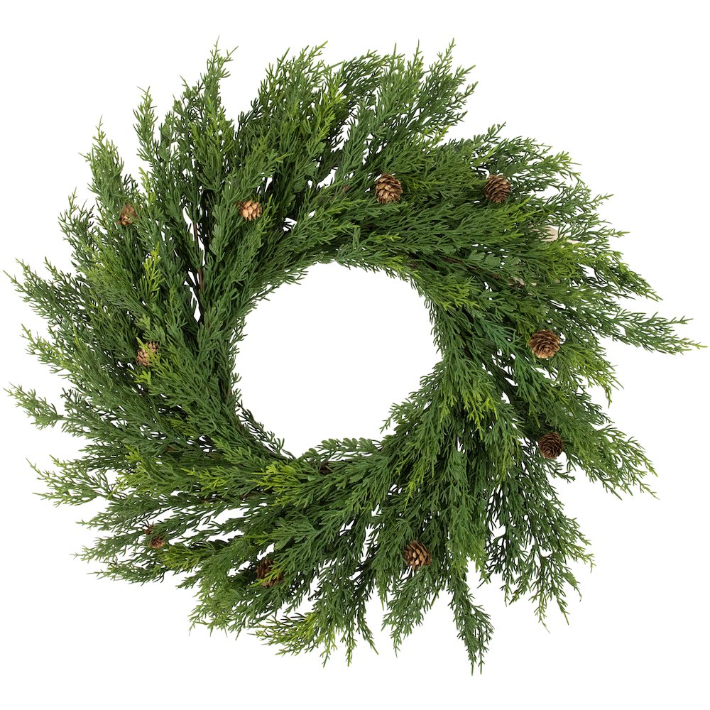 24" Soft Green Cedar Artificial Christmas Wreath with Pine Cones - Unlit. Picture 1