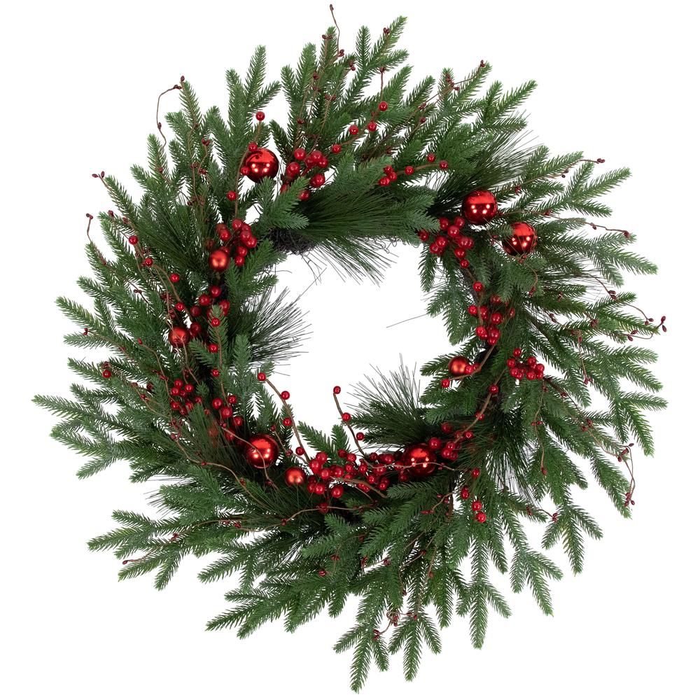 Red Berries and Pine Christmas Wreath with Ornaments  32-Inch  Unlit. Picture 1