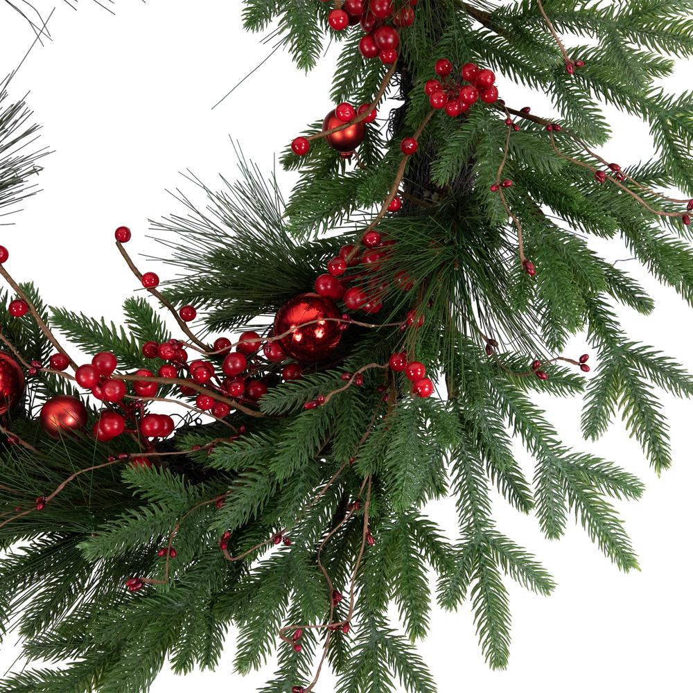 Red Berries and Pine Christmas Wreath with Ornaments  32-Inch  Unlit. Picture 4