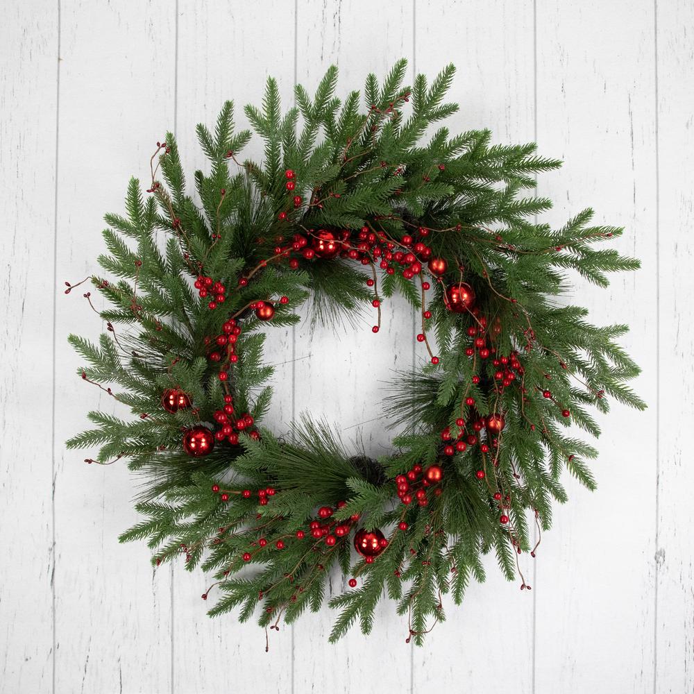 Red Berries and Pine Christmas Wreath with Ornaments  32-Inch  Unlit. Picture 2