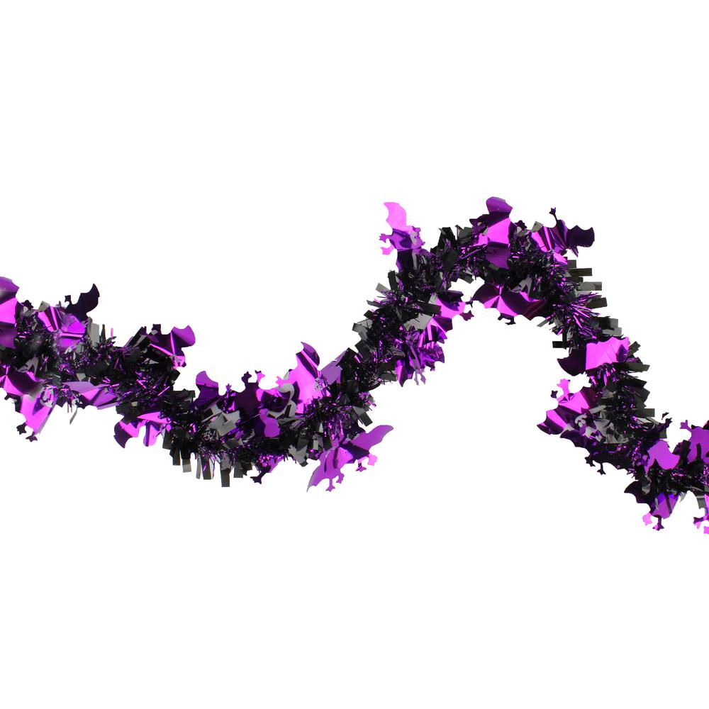 Black with Purple Bats Halloween Tinsel Garland - 50 feet  Unlit. Picture 1