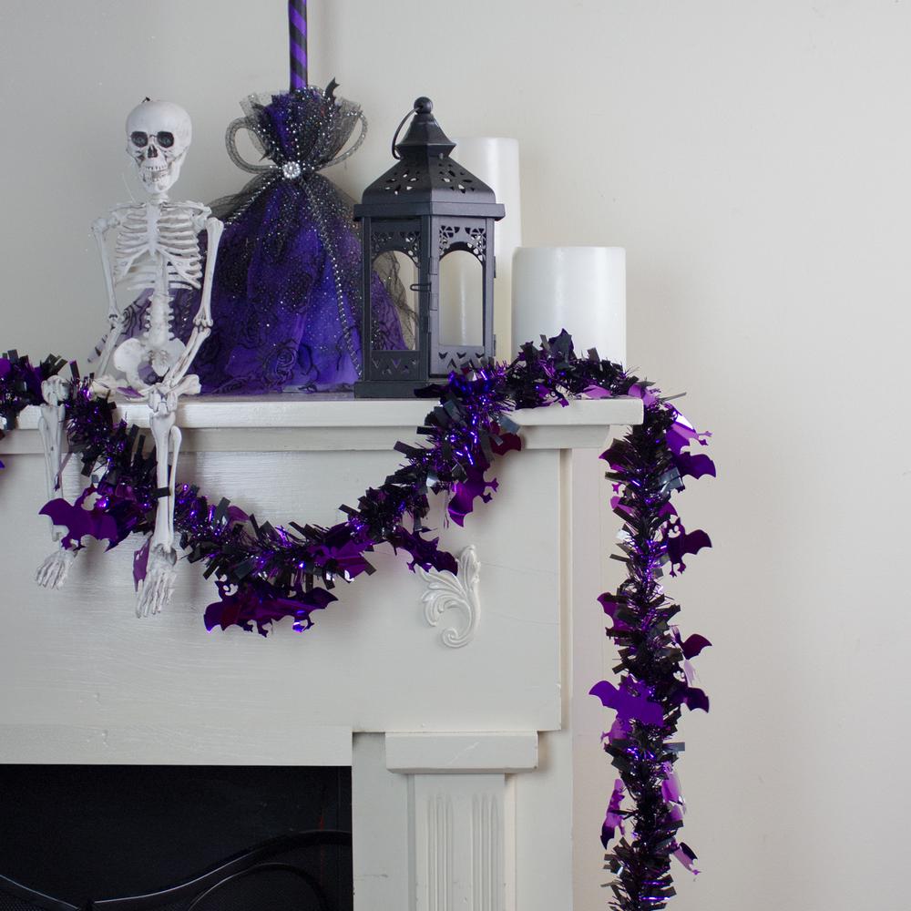 Black with Purple Bats Halloween Tinsel Garland - 50 feet  Unlit. Picture 3