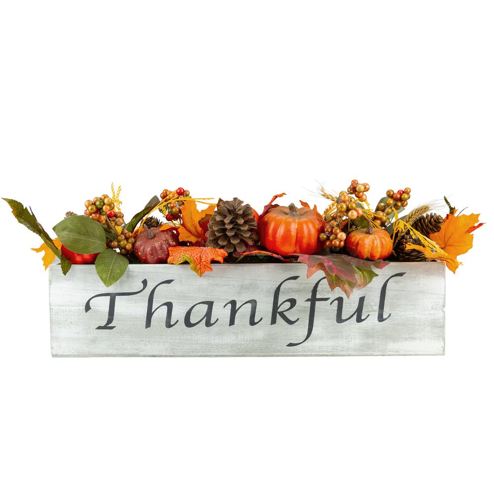 21" Autumn Harvest Arrangement in a "Thankful" Rustic Wooden Box Centerpiece. Picture 1