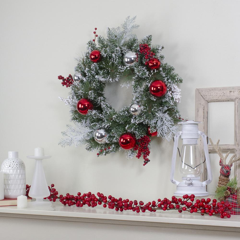 Flocked Mixed Pine with Ornaments and Berries Christmas Wreath 24-Inch Unlit. Picture 2