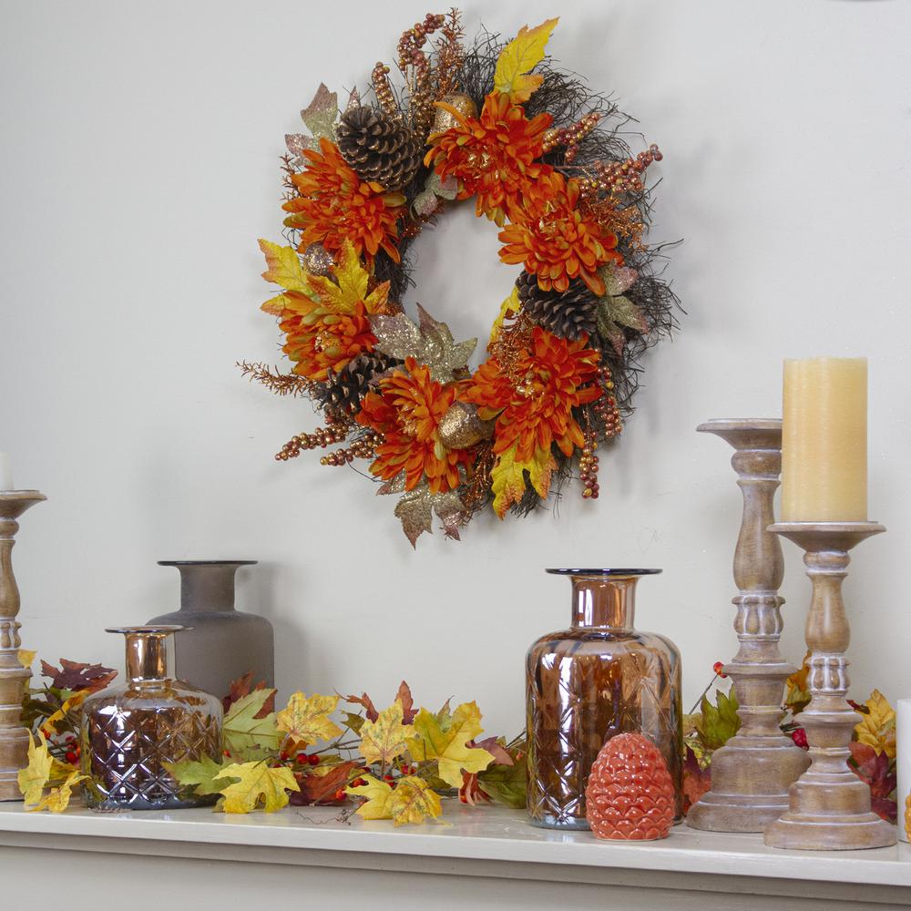 Mums and Acorns Artificial Floral Twig Wreath  22-Inch  Unlit. Picture 2