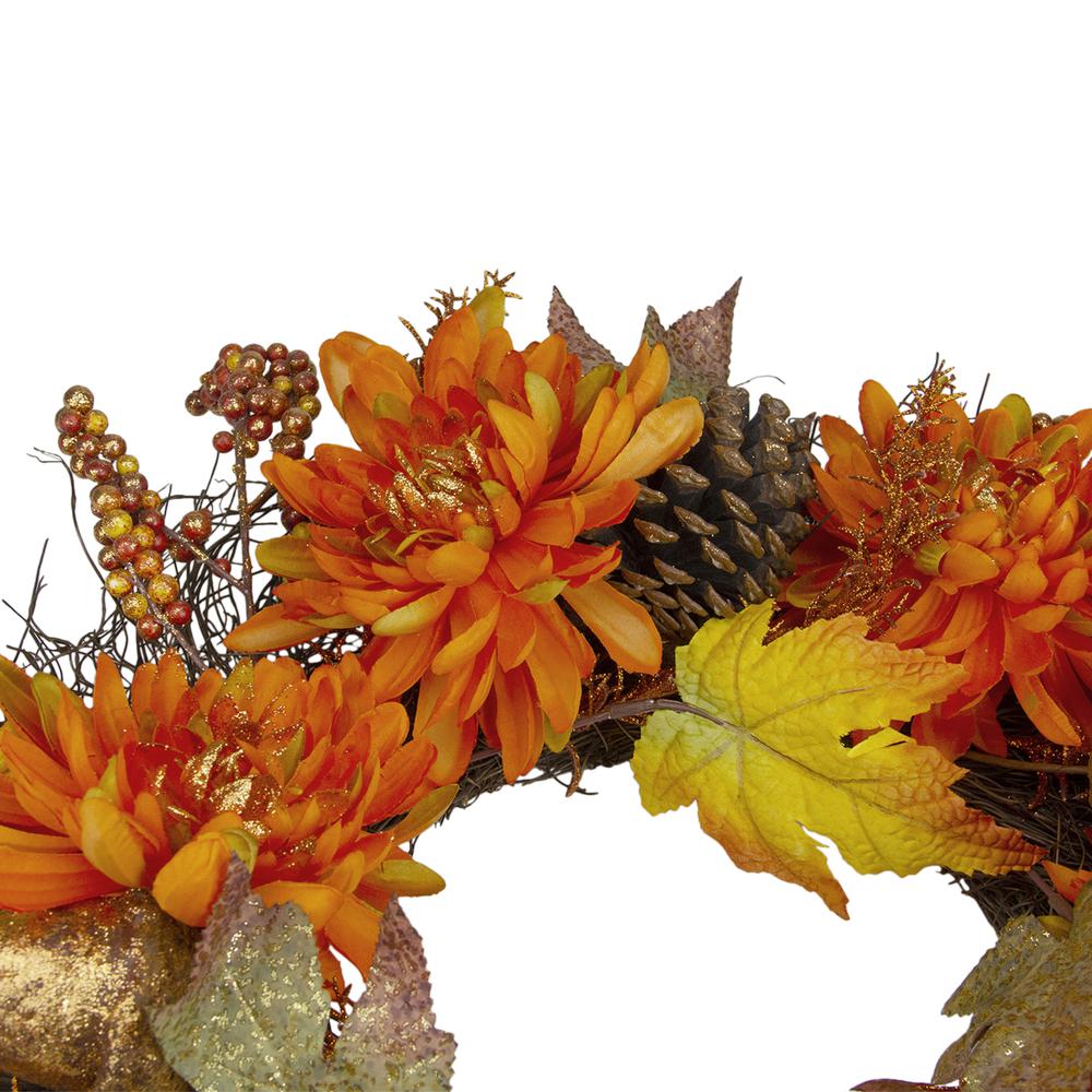 Mums and Acorns Artificial Floral Twig Wreath  22-Inch  Unlit. Picture 4