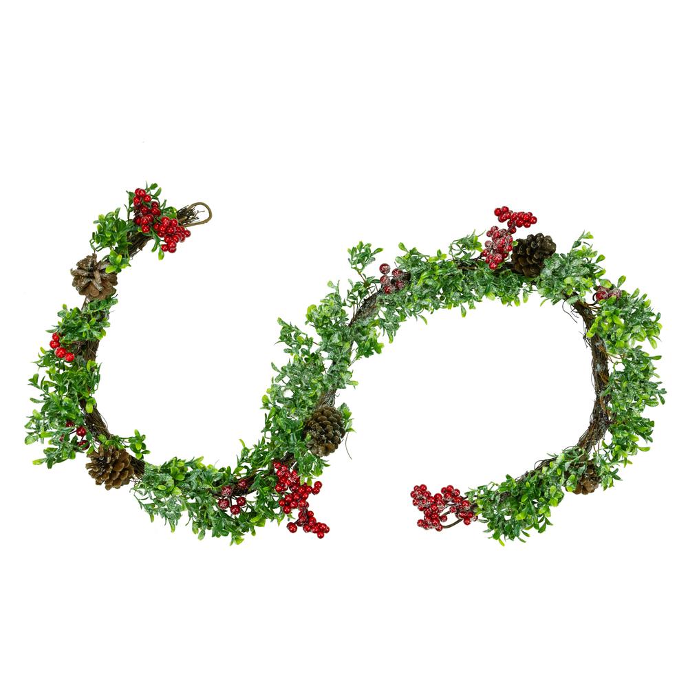 6' Glittered Artificial Boxwood Pine Cone and Red Berry Christmas Garland- Unlit. Picture 1