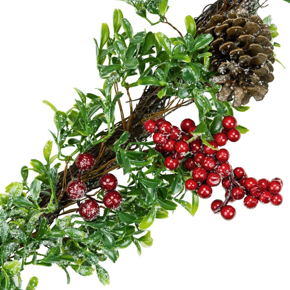 6' Glittered Artificial Boxwood Pine Cone and Red Berry Christmas Garland- Unlit. Picture 2
