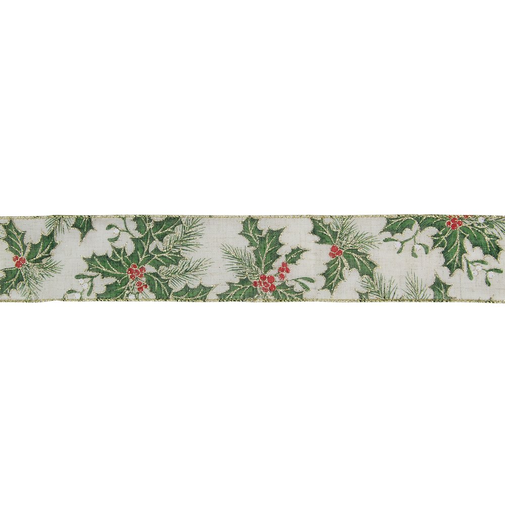 Ivory and Green Holly Leaves Christmas Wired Craft Ribbon 2.5" x 16 Yards. Picture 1