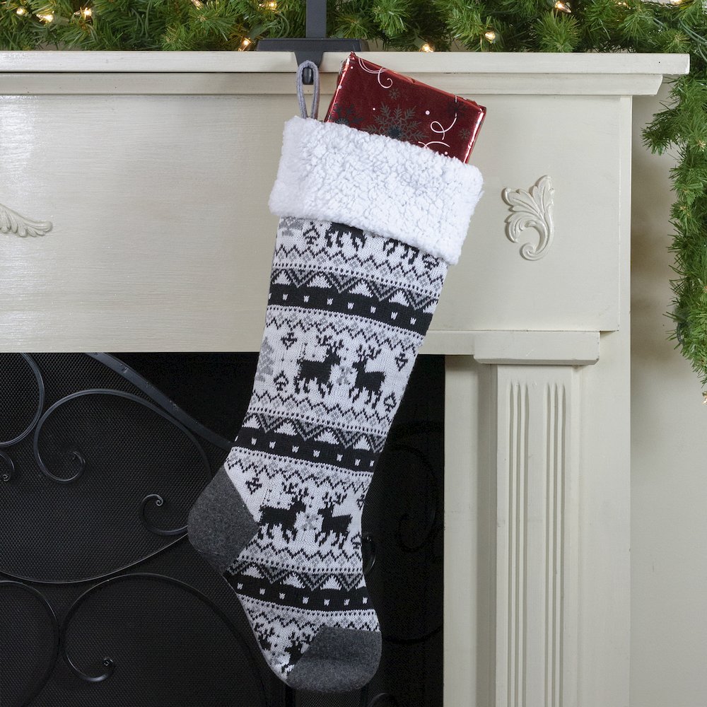 21" Black  Gray and White Rustic Christmas Stocking with High Pile Fleece Cuff. Picture 2