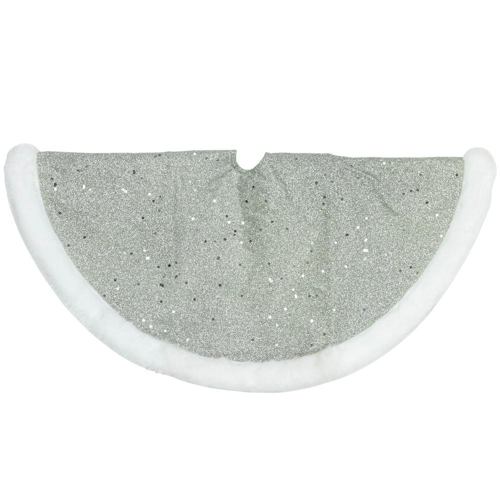 20" Silver Glittered Mini Christmas Tree Skirt with White Fur Trim. Picture 7