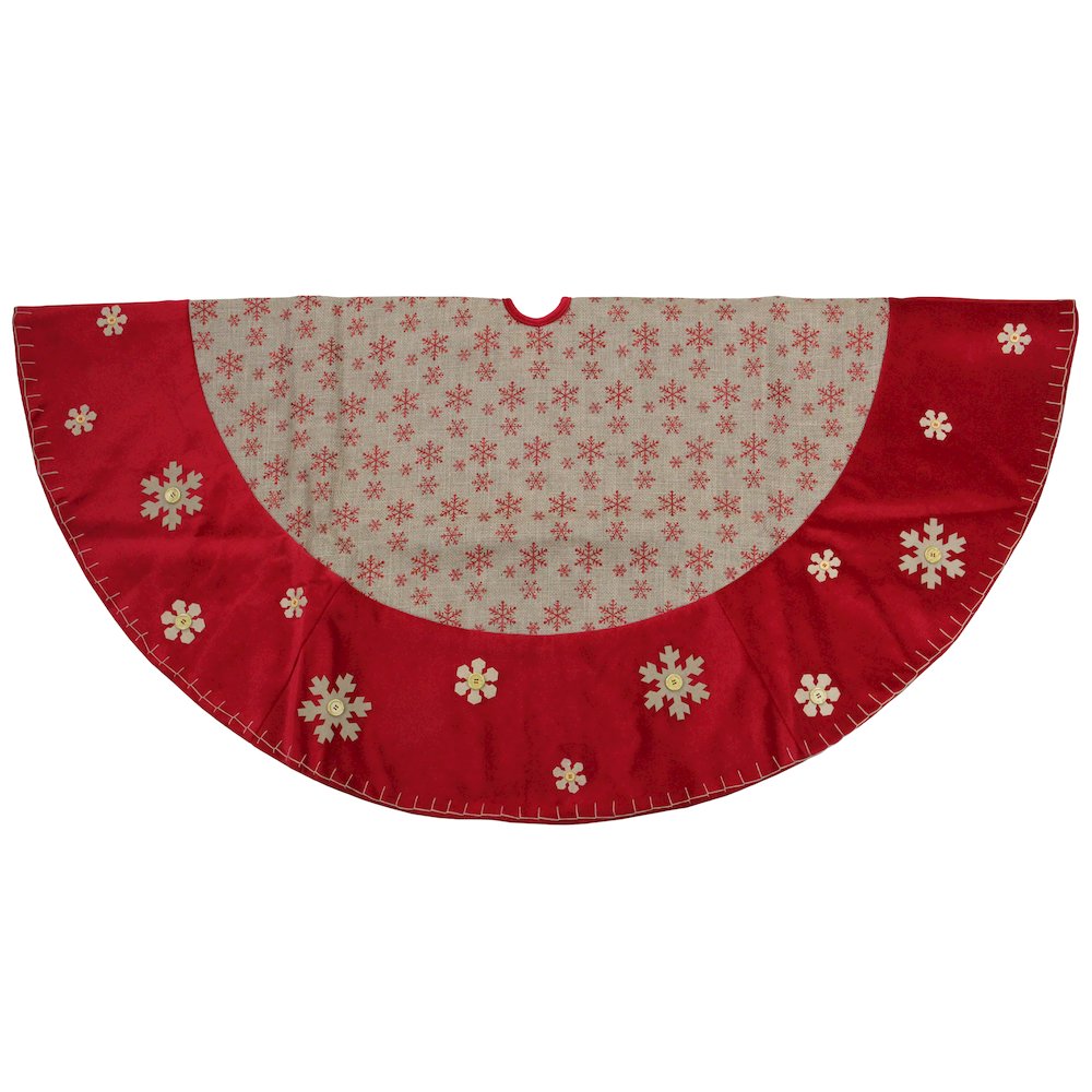 60" Burlap Glittered Snowflake Rustic Christmas Tree Skirt with Red Velvet Trim. Picture 2