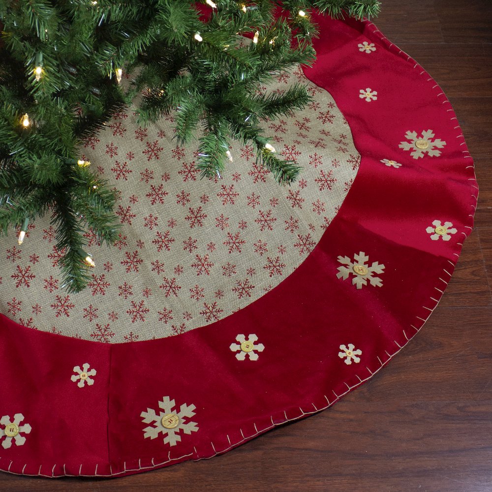 60" Burlap Glittered Snowflake Rustic Christmas Tree Skirt with Red Velvet Trim. Picture 1