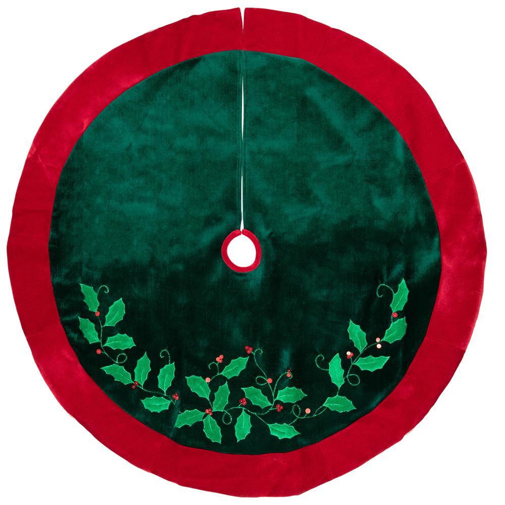 48" Dark Green Holly and Berry Velveteen Christmas Tree Skirt. Picture 1