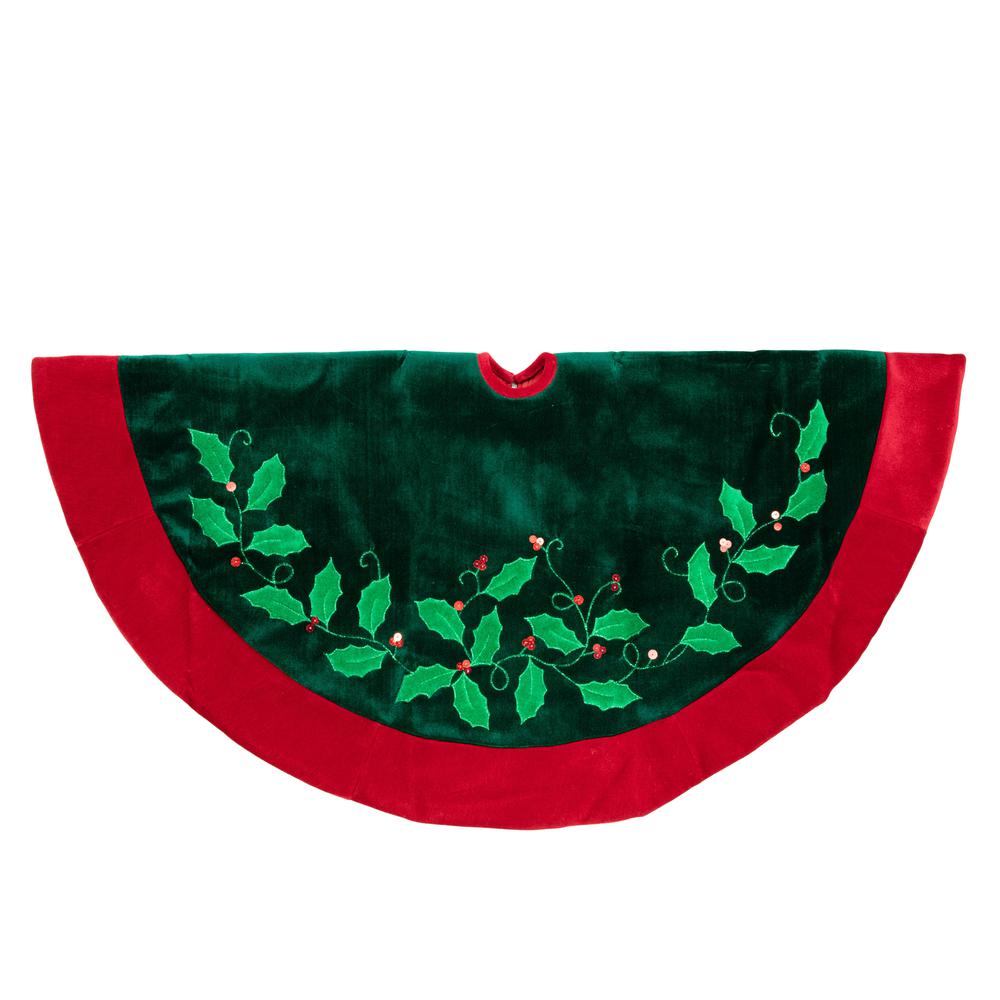 48" Dark Green Holly and Berry Velveteen Christmas Tree Skirt. Picture 3