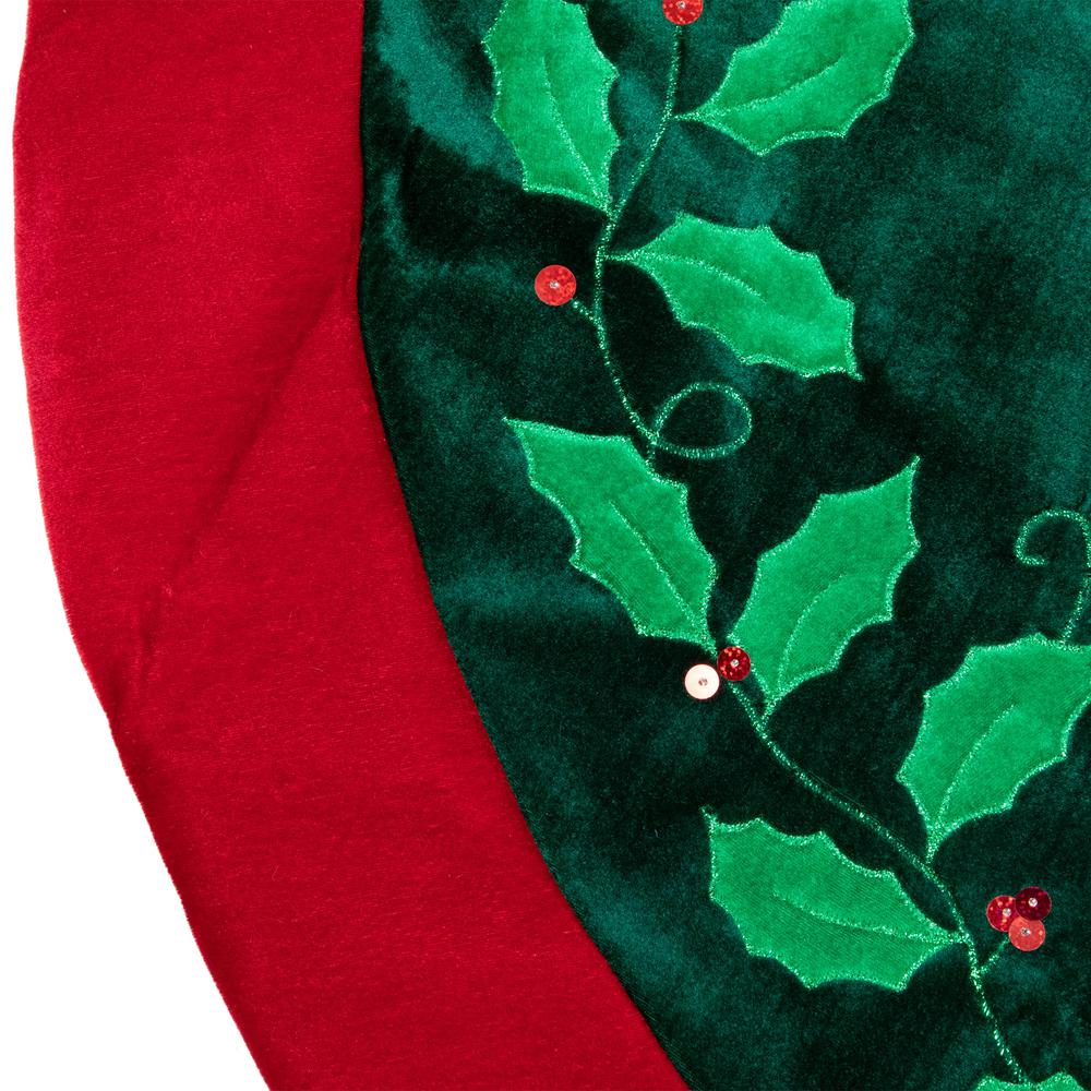 48" Dark Green Holly and Berry Velveteen Christmas Tree Skirt. Picture 5