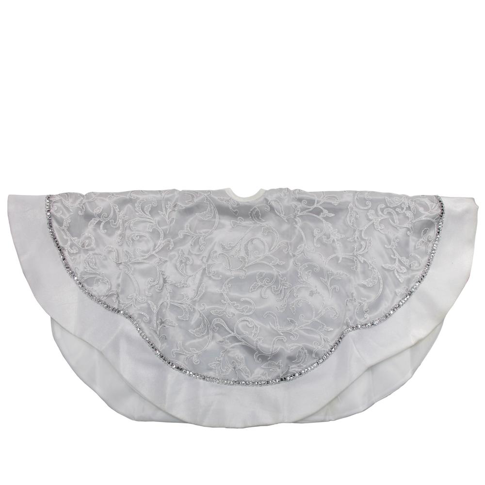 48" Silver and White Floral Trimmed Christmas Tree Skirt. Picture 3