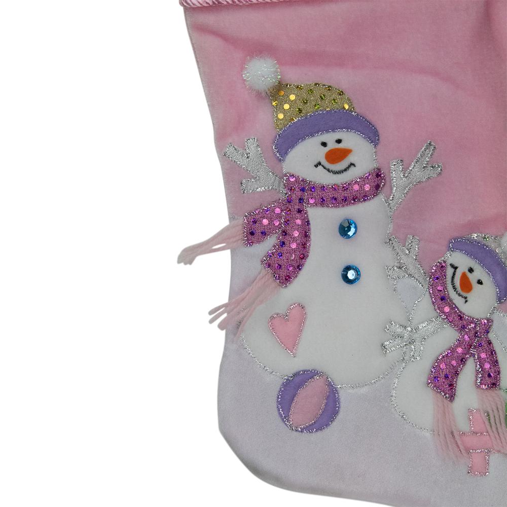 21" Light Pink Baby's First Christmas Velveteen Snowmen Christmas Stocking. Picture 3